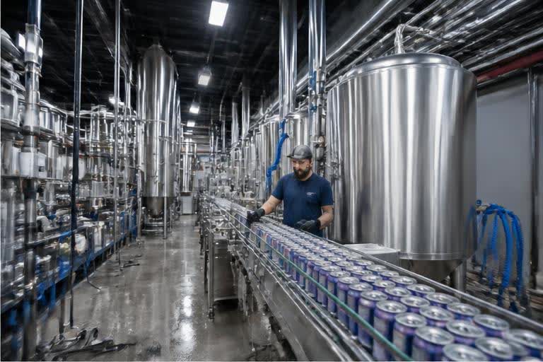 Modern beverage production facility with stainless steel equipment