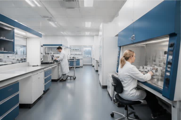 Bright modern laboratory with technicians at work