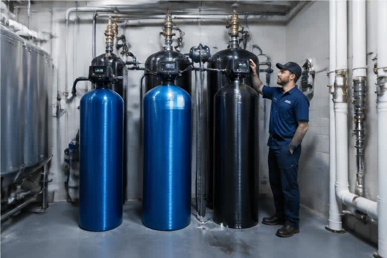 Commercial mechanical room with water softening equipment