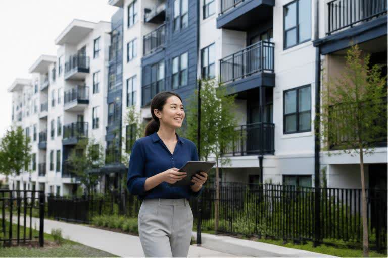 Property manager outside a modern multifamily apartment community